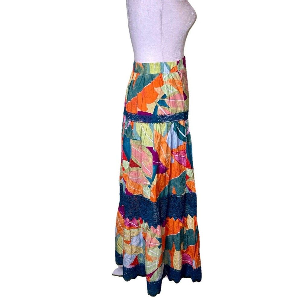 Women's Boho Maxi Skirt Tiered Lace Trim Colorful Botanical‎ Artsy Whimsical XL - Picture 4 of 9
